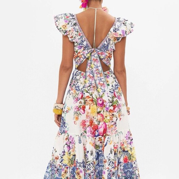 CAMILLA "Dutch Is Life" Tiered Frill Cotton V-Neck Open Back Maxi Dress, L $899 - Picture 10 of 16